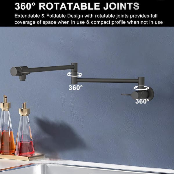 Wall Mounted Pot Filler Kitchen Sink Faucet Folding Stretchable with 2-Handles in Matte Black