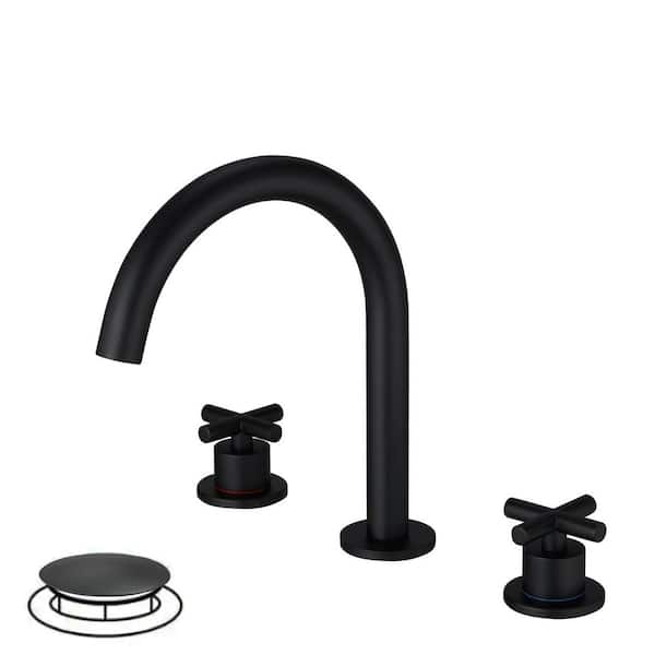 HOMEMYSTIQUE 8 in. Widespread Double Handle Bathroom Faucet with Drain Kit Included and Spot Resistant in Matte Black