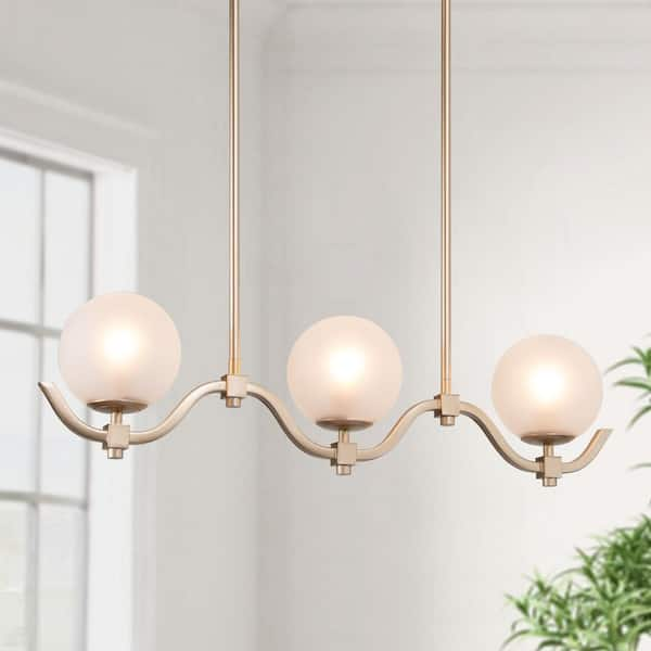 LNC Brass Gold Chandelier 3-Light Modern Glam Linear Island High Ceiling Light with Globe Frosted Glass Shades