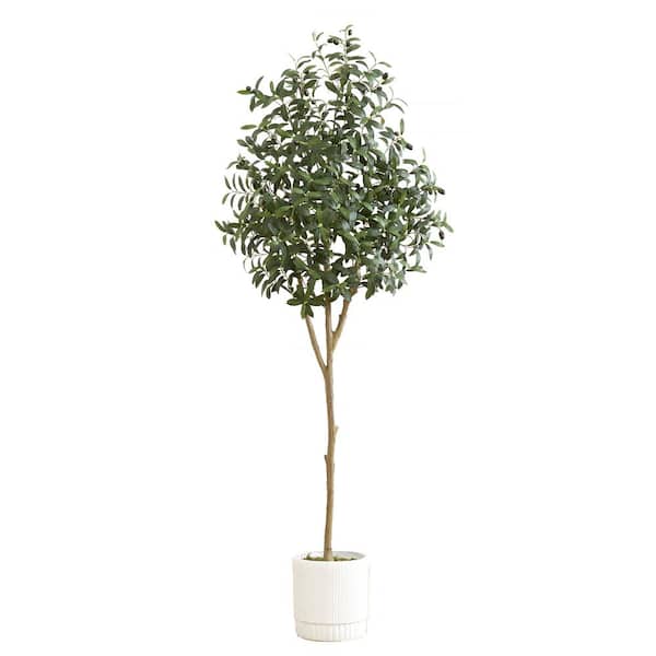 Nearly Natural 72 in. Green Artificial Olive Tree in White Decorative Planter