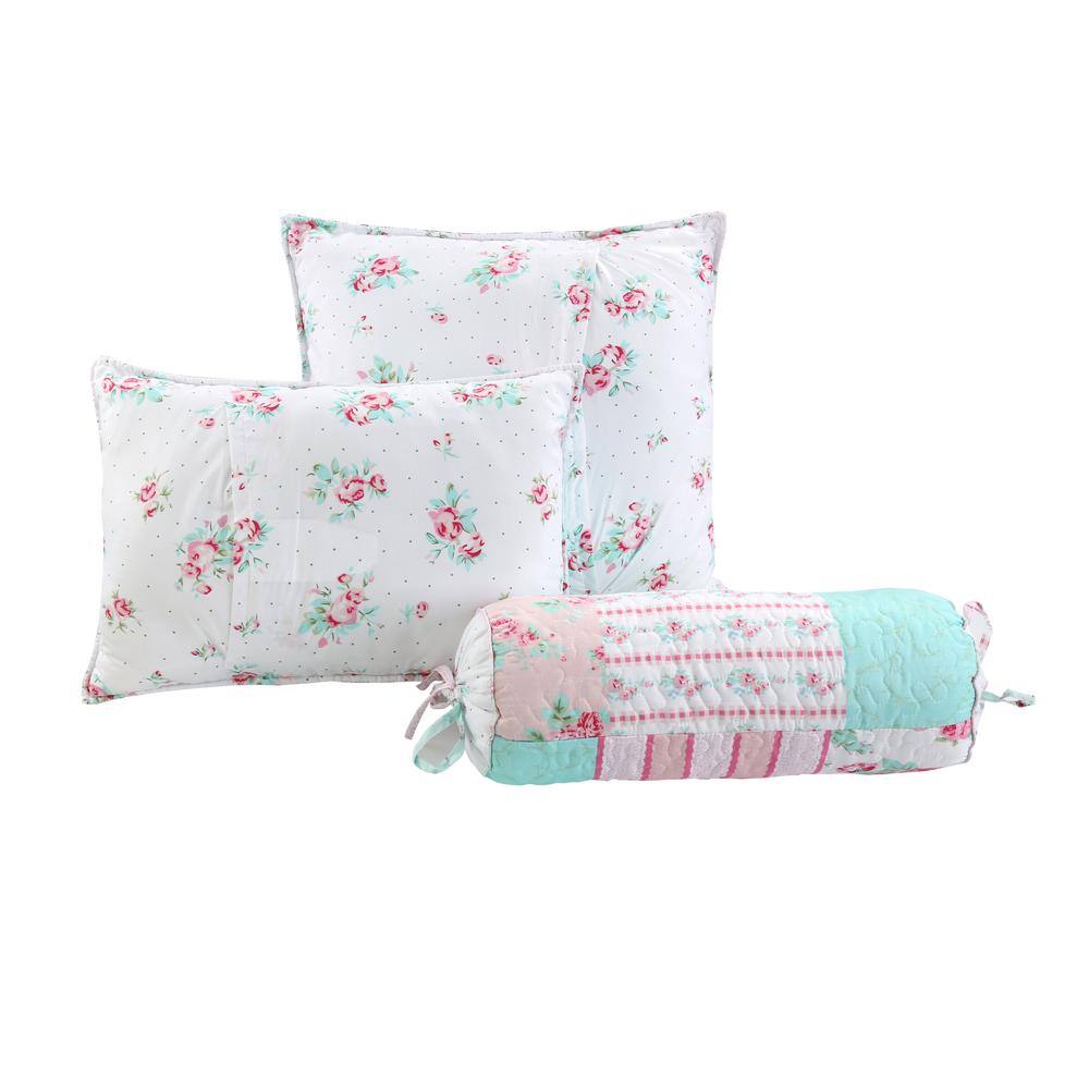 Floral Pink and Blue Polyester 3-Piece Throw Pillow Set