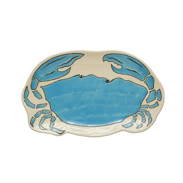 Storied Home 12.25 in. Blue and White Stoneware Crab Shaped Platters with Wax Relief Illustration