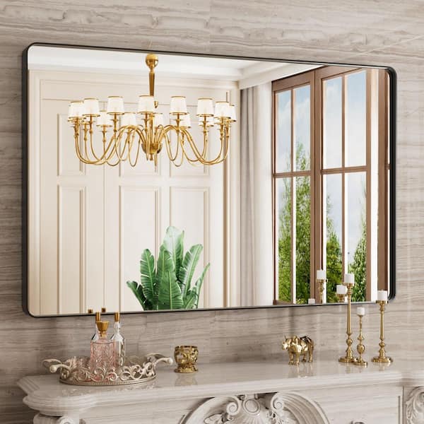 Spigel 48 in. W x 30 in. H Oversize Rectangular Black Wall Mirror Aluminum Alloy Framed Bathroom Mirror