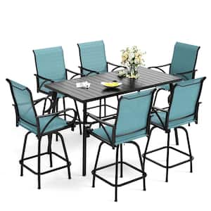 7-Piece Metal Outdoor Patio Bar Height Dining Set with Rectangle Slat Tabletop and Swivel Bar Stools