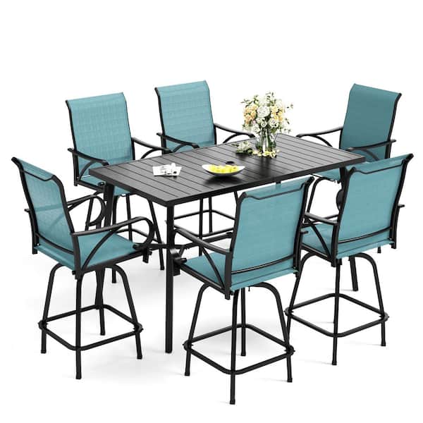 7-Piece Metal Outdoor Patio Bar Height Dining Set with Rectangle Slat Tabletop and Swivel Bar Stools