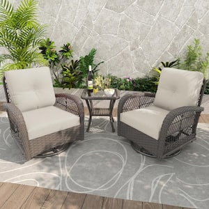 3-Piece Patio Wicker Conversation Set with Beige Cushions and Side Table - Swivel, Rock, and Relax in Style