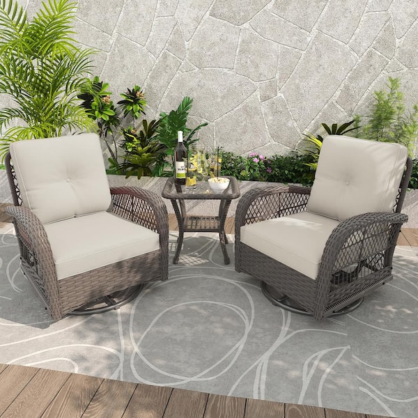 INMITOM 3-Piece Patio Wicker Conversation Set with Beige Cushions and Side Table - Swivel, Rock, and Relax in Style