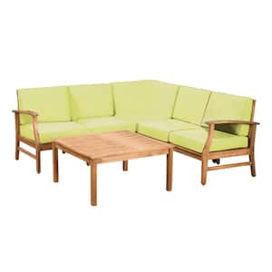 Giancarlo Teak Finish 6-Piece Wood Outdoor Sectional Set with Green Cushions