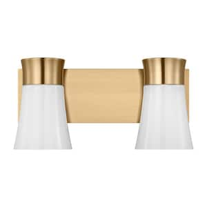 Roy 14.5 in. 2-Light Satin Brass Medium Vanity Light with Milk Glass Shades