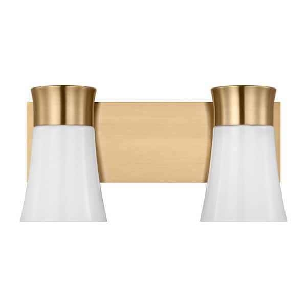 SCOTT LIVING Roy 14.5 in. 2-Light Satin Brass Medium Vanity Light with Milk Glass Shades