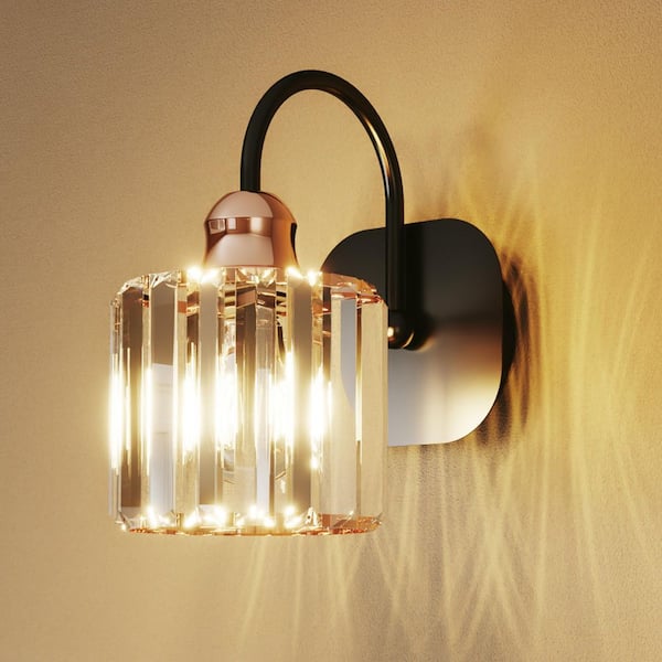 ExBrite Merrin 5.4 in. 1-Light Black Bathroom Vanity Light Wall Fixture for Bathroom Mirror with Crystal Shades (2-Packs)