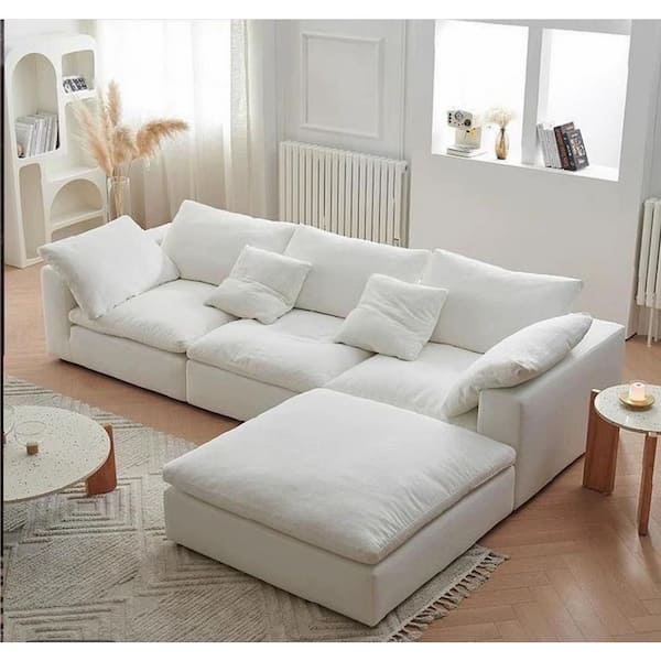 120.45. Square Arm Linen 4-Piece L Shaped Free Combination Modular Sectional Sofa with Ottoman in White