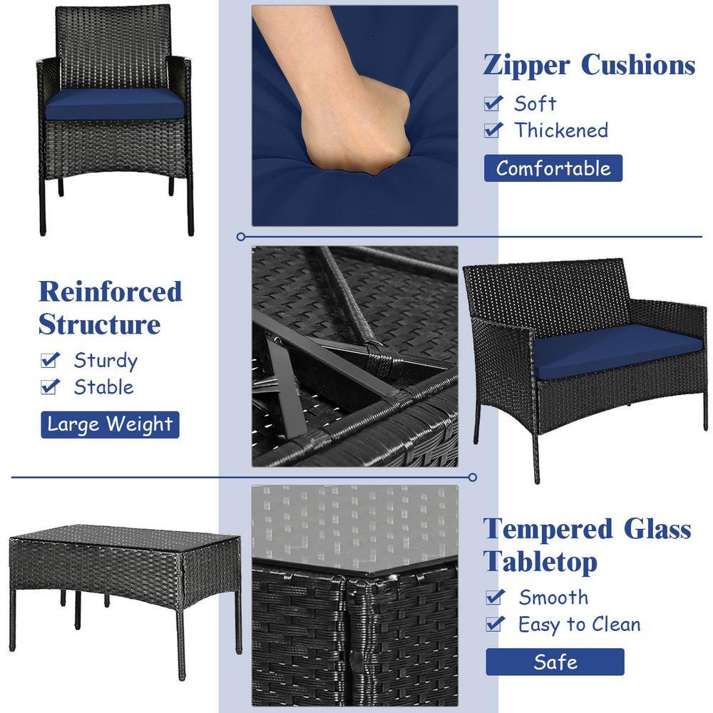 Navy 4-Piece Rattan Outdoor Patio Sofa Set with Cushions and Glass Table