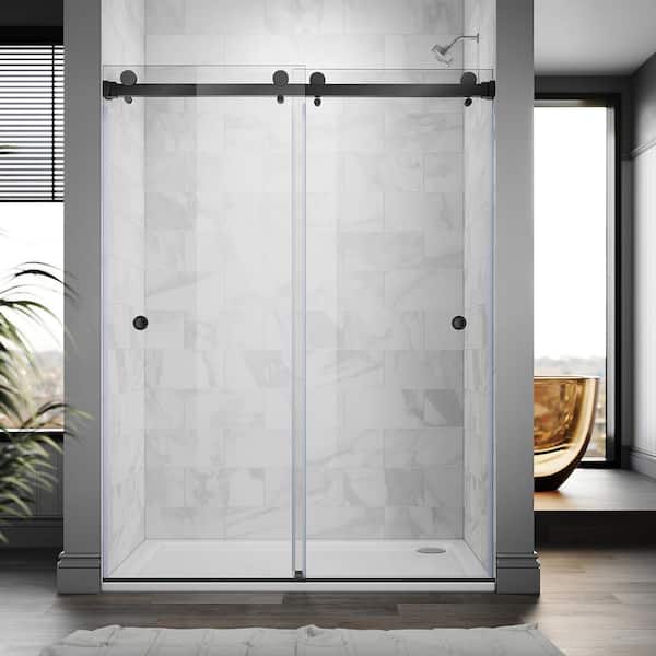UKD01 61 to 65 in. W x 76 in. H Double Sliding Frameless Shower Door in Matte Black, Enduro Shield 3/8 in. Clear Glass