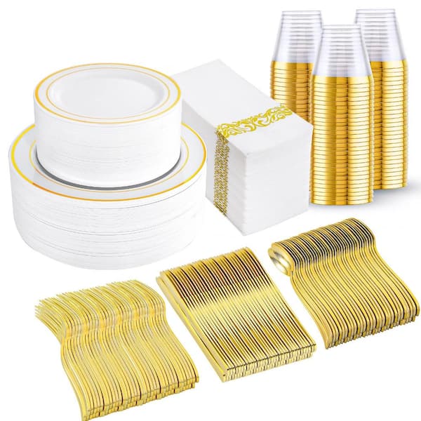 Gold Disposable Dinnerware Set for 50 Guests: 50 Dinner Plates 50 Napkins 50 Cups 50 Silverware Special Event