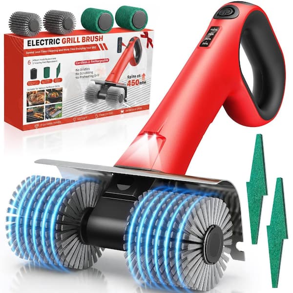 450 RPM Electric Grill Brush Dual Rotating Heads Red 6-Piece