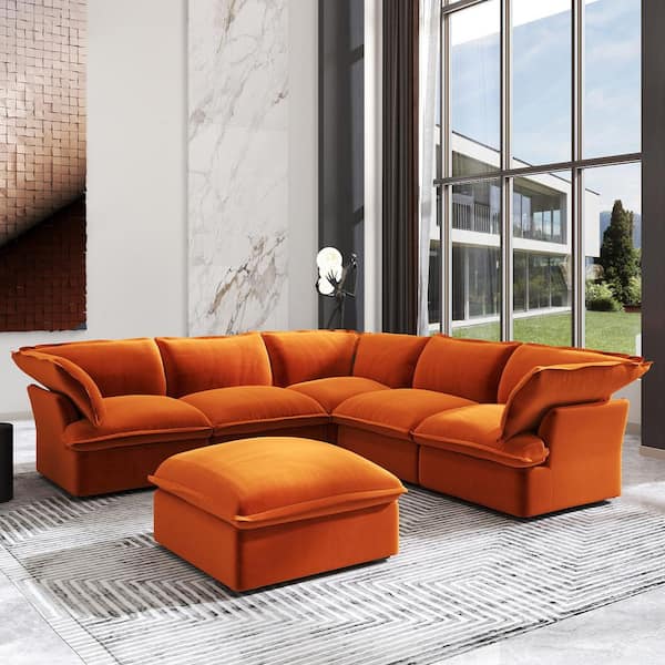 J&E Home 122 in. Flared Arm 5-Piece linen Modular Sectional