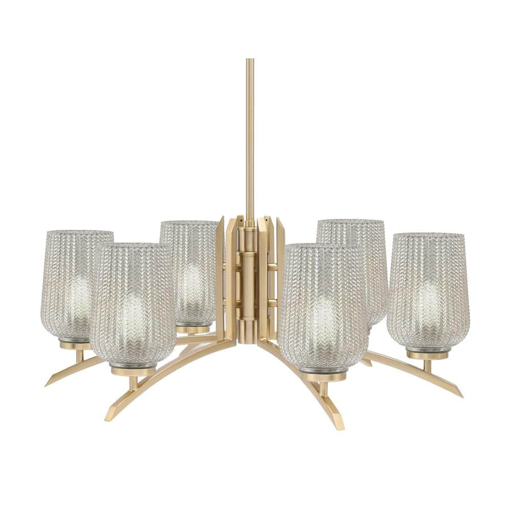 Siena 26.75 in. 6 Light New Age Brass Chandelier with 5"" Silver Textured Glass Shades, no bulbs included