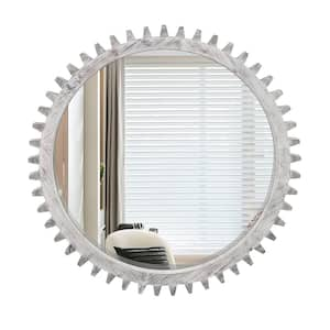 Gear Shape 42 in. W x 42 in. H Round Wood Framed Decorative Mirror Bathroom Vanity Mirror in Antique White Washed