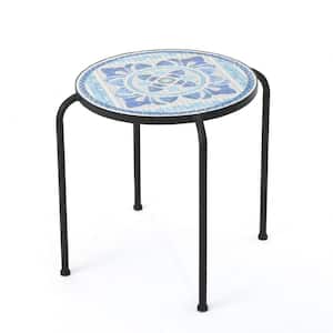 Black Round Ceramic Tile Outdoor End Table with Mosaic Design