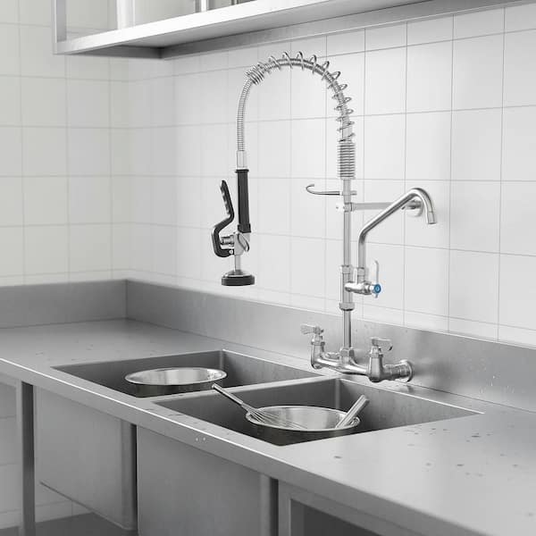 25 in Wall mounted faucet Triple Handle Pull Down Sprayer 360 Degree Spout Swivel Kitchen Faucet in Brushed Nickel