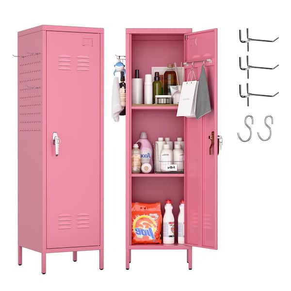 15 in. W x 55 in. H x 15 in. D Lockable Freestanding Cabinets, Locker with Towel Rack, Side Pegboards, Hooks in Pink