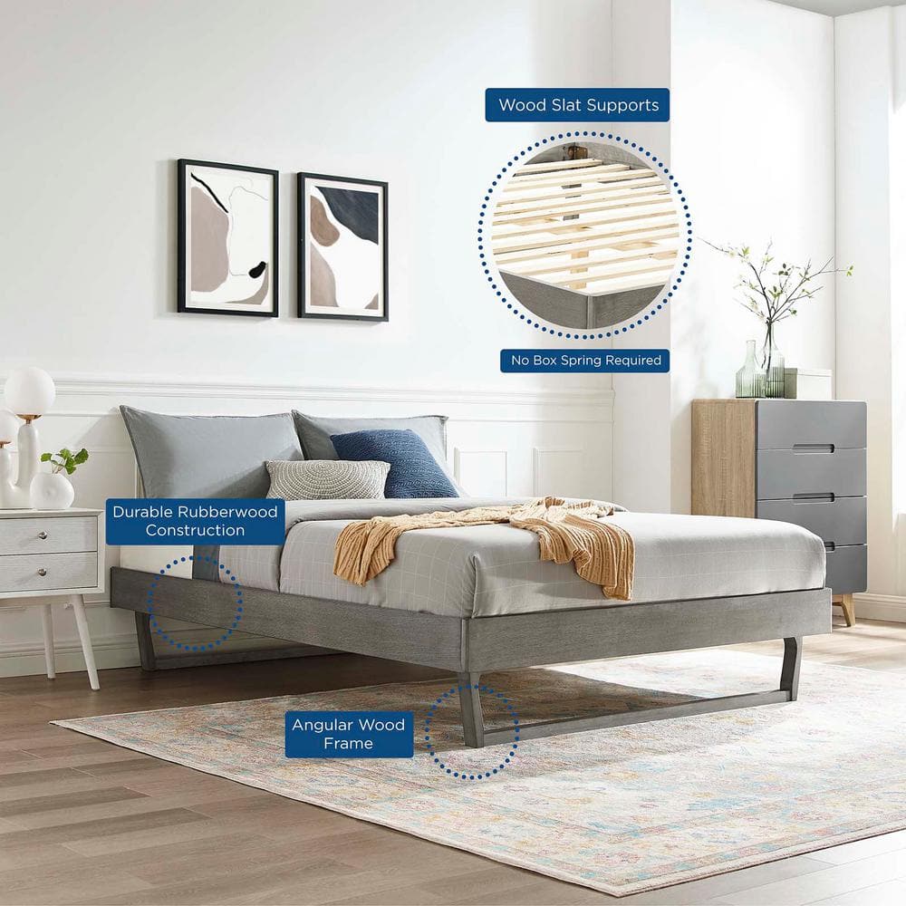 Mid-Century Modern Gray Full Platform Bed with Wood Frame and Headboard
