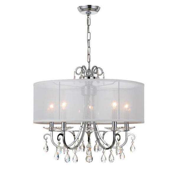 Polished Chrome 5-Light Chandelier with Silk Shade and Crystals