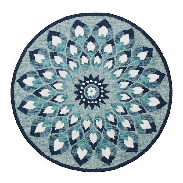 HomeRoots Blue/White 6 ft. Round Wool Area Rug