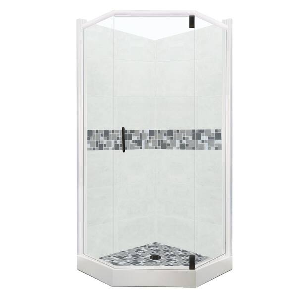 American Bath Factory Newport Grand Hinged 36 in. x 42 in. x 80 in. Left Cut Neo-Angle Shower Kit in Natural Buff and Black Pipe Hardware