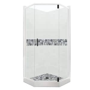 Newport Grand Hinged 36 in. x 42 in. x 80 in. Right-Cut Neo-Angle Shower Kit in Natural Buff and Black Pipe