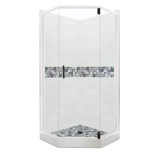 American Bath Factory Newport Grand Hinged 42 in. x 48 in. x 80 in. Left-Cut Neo-Angle Shower Kit in Natural Buff and Black Pipe Hardware