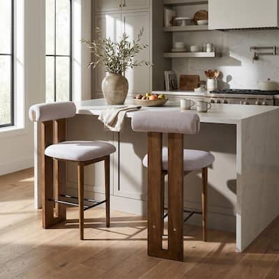 Fynor Modern 25.5 in. H Dark Walnut Finish Wood Frame Ivory Fabric Upholstered Counter Barstools, Set of 2