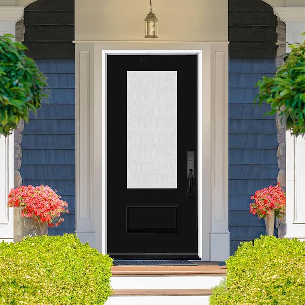 Legacy 36 in. x 80 in. 3/4 Lite Rain Glass LHIS Black Finish Fiberglass Prehung Front Door