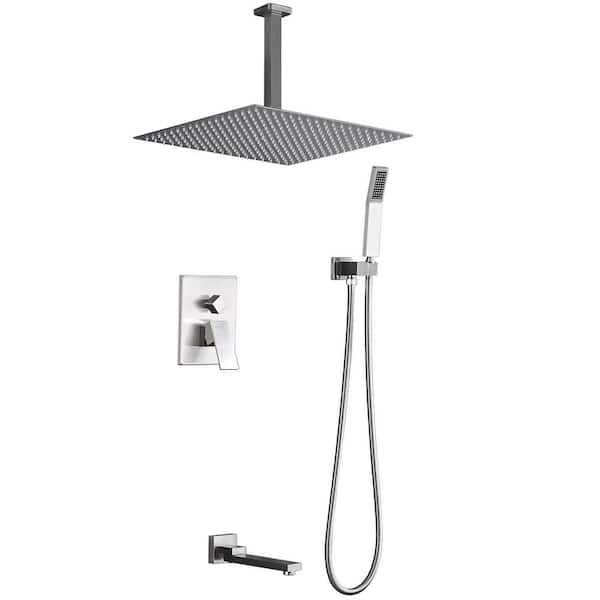 1-Spray Patterns 16 in. Ceiling Mount Dual Fixed and Handheld Shower Head with Bathtub Faucet 2.5 GPM in Brushed Nickel