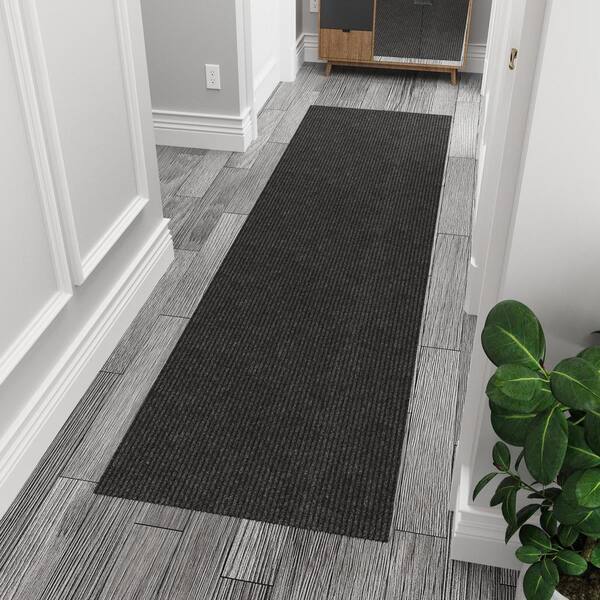 Ribbed Non-Slip Rubberback Indoor/Outdoor Long Hallway Runner Rug 2 ft. 7 in. x 7 ft., Black Polyester Garage Flooring