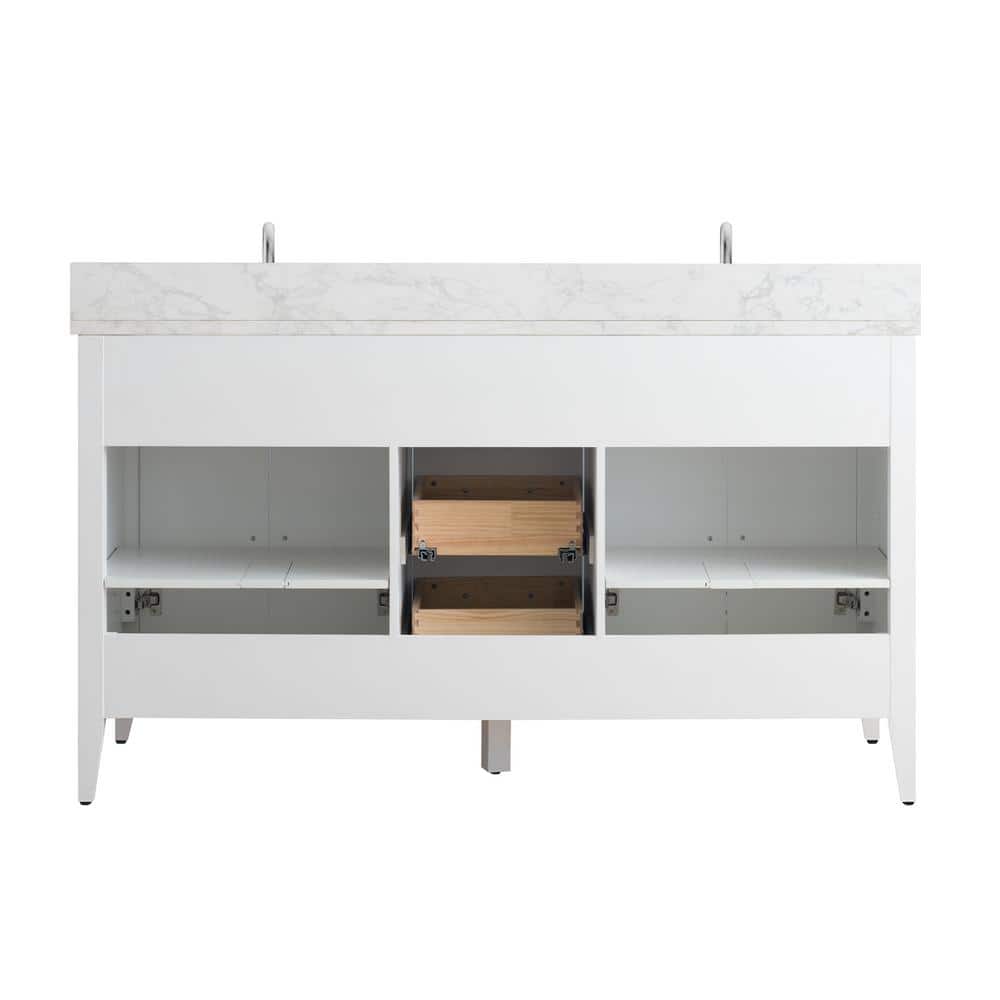 60" White Double Sink Bathroom Vanity with Marble Top