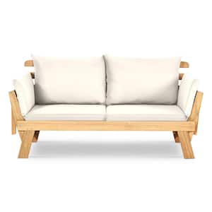 Convertible Wood Outdoor Loveseat with Light Beige Cushions