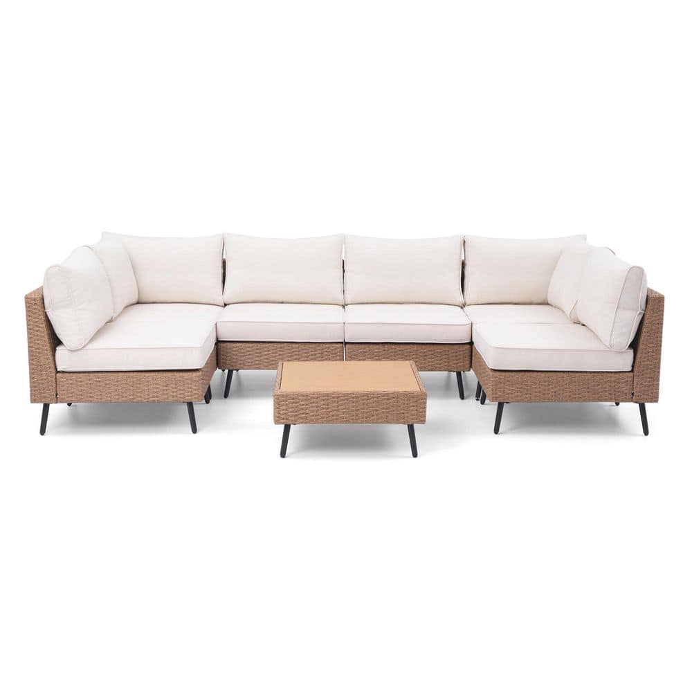 7 Piece Outdoor Patio Furniture Sectional Sofa PE Rattan Wicker Patio Conversation Sets with Beige Cushion price history on PriceWatchPro