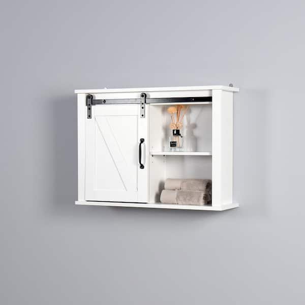 27.16 in. W x 7.8 in. D x 19.68 in. H White Wood Bathroom Wall Storage Cabinet with Barn Door, 2 Adjustable Shelves