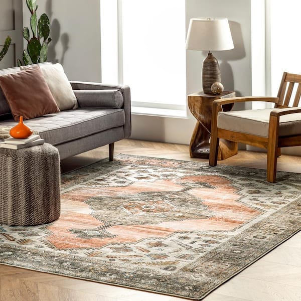 Gracie Machine Washable Distressed Medallion Peach 5 ft. x 8 ft. Indoor Area Rug