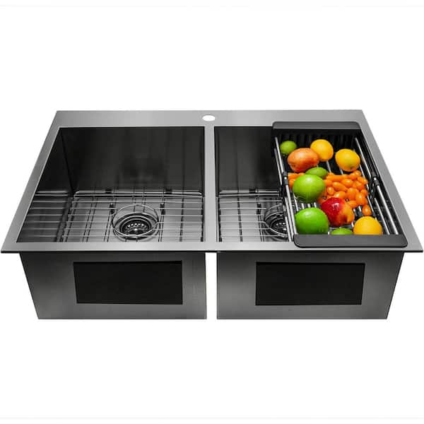 AKDY Matte Black Stainless Steel 25 in. x 22 in. Single Bowl Drop-In Kitchen  Sink with Accessories KS0517 - The Home Depot