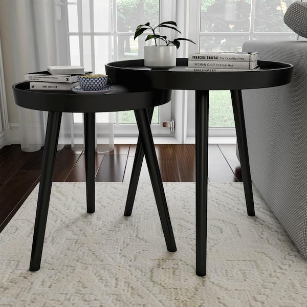Lavish Home Wooden Nesting Round Tray Top Matte Black Side Tables (Set of 2)