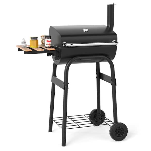 Barrel Charcoal Grill with Foldable Side Table + Built-In Thermostat + Adjustable Air Vents Chimney and Wheels