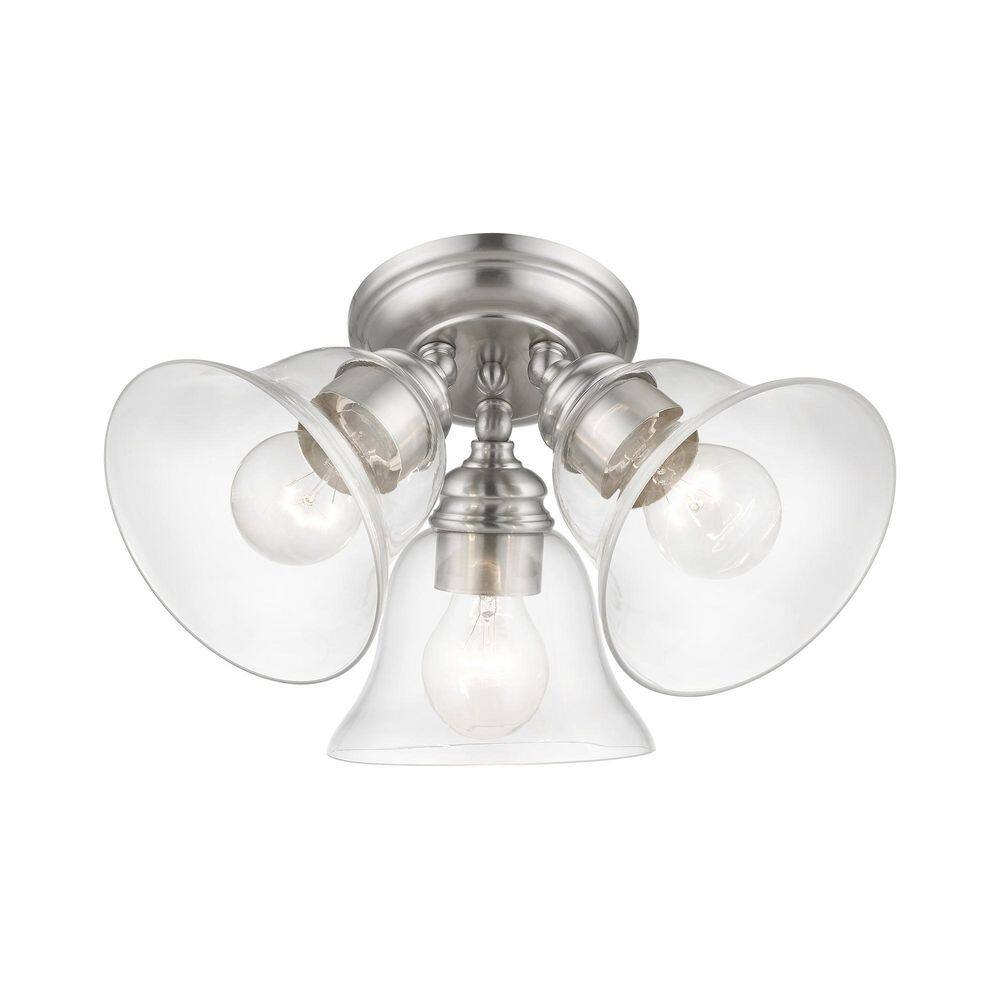 Transitional Brushed Nickel 3-Light Semi-Flush Mount with Clear Glass Shades