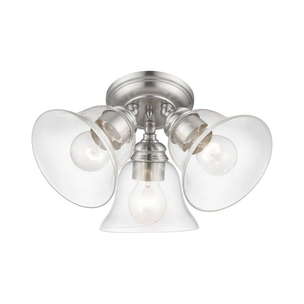 Transitional Brushed Nickel 3-Light Semi-Flush Mount with Clear Glass Shades