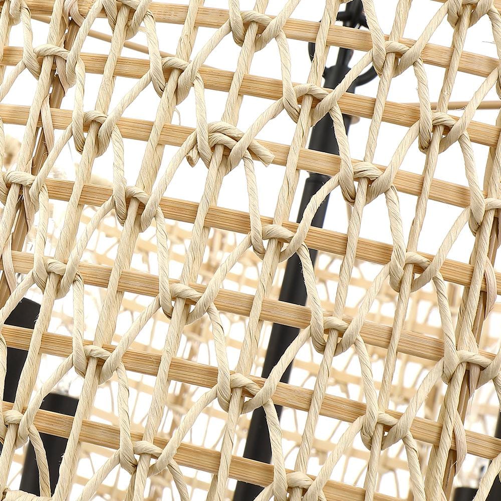Natural Beige Rattan Drum Pendant Chandelier with Black Accents