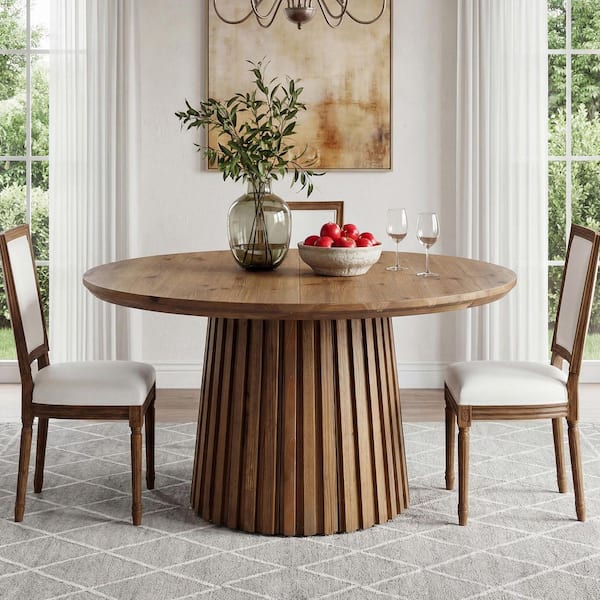 Roesler Solid Wood 47.3 in. Brown Pedestal Round Dining Table, Farmhouse Kitchen Table with Fluted Base, Seats 4