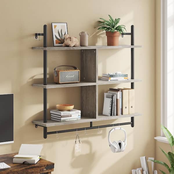 Bestier 41.54 in. W x 9.37 in. D Retro Grey Oak Light 3-Tier Ladder Composite Decorative Wall Shelf with Circular Tube and Hooks