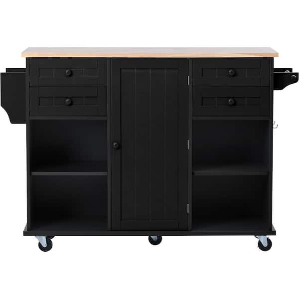 Unbranded Black Kitchen Island on 5-Wheels with Spice Rack Towel Rack and Drawer Rubber Wood Desktop